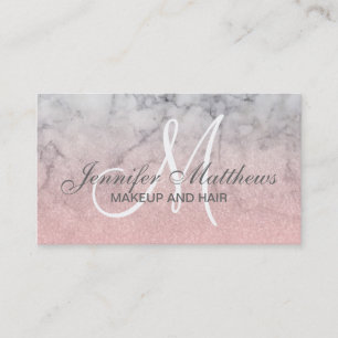 Girly Rosa Glitter Marble Monogram Makeup Visitkort