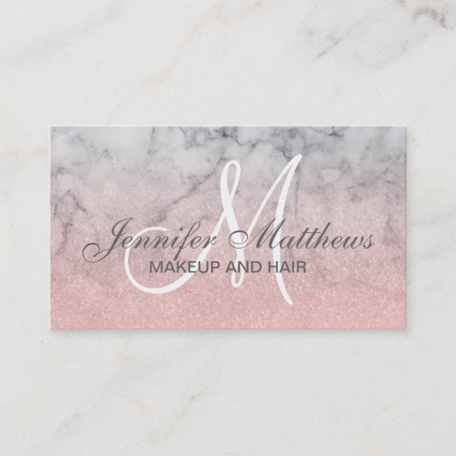 Girly  Rosa Glitter Marble Monogram Makeup Visitkort (Framsida)