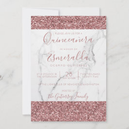 Girly Rosa Glitter Marble Quinceanera Photo Inbjudningar