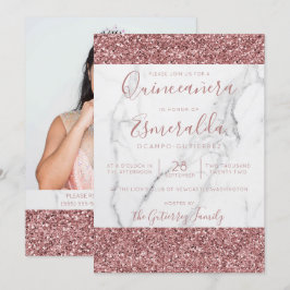 Girly Rosa Glitter Marble Quinceanera Photo Inbjudningar