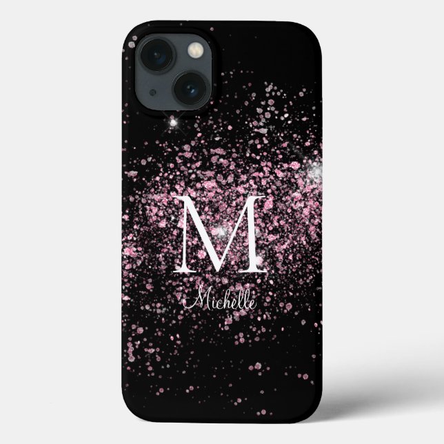 Girly Rosa Glitter Monogram Namn (Baksida)