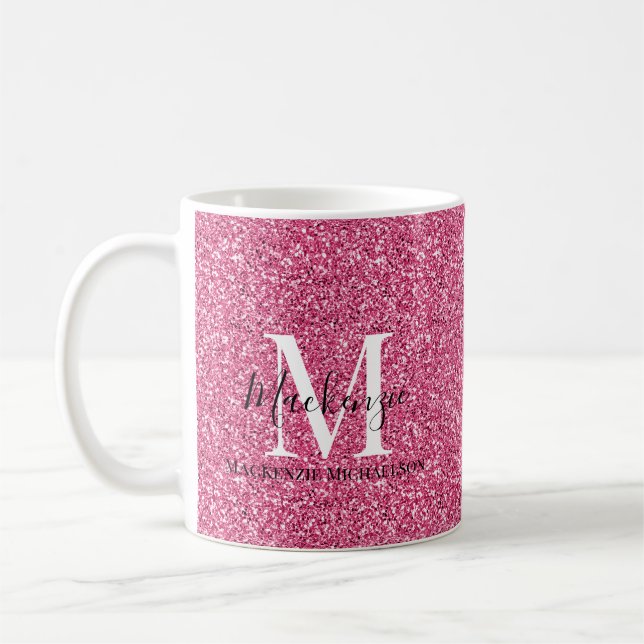 Girly Rosa Glitter Monogram Namn Kaffemugg (Vänster)