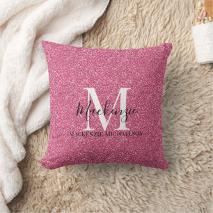 Girly Rosa Glitter Monogram Namn Kudde