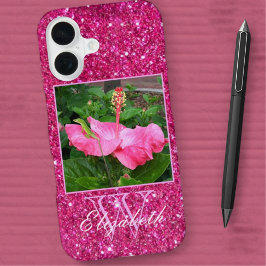 Girly Rosa Glitter Monogram Personfoto Namn