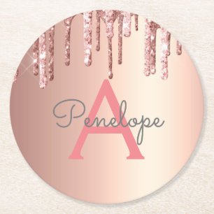 Girly Rosa Glitter Monogrammed Ro Guld Drivrutiner Underlägg Papper Rund