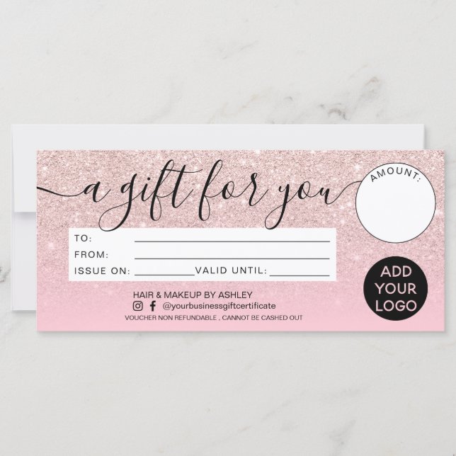Girly rosa glitter ombre presentkort logo (Framsida)