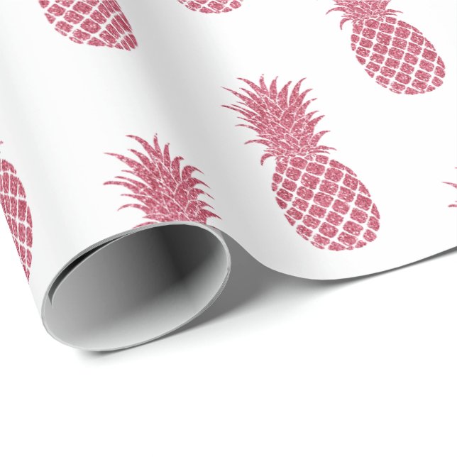 Girly Rosa Glitter Tropical Pineapples Presentpapper (Rullad Hörn)