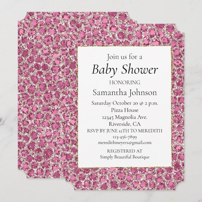 Girly Rosa Glitzy Glam Glitter Leopard Baby Shower Inbjudningar (Fram/baksida)
