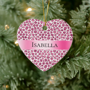 Girly Rosa Glitzy Leopard Personlig Namn Julgransprydnad Keramik
