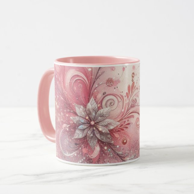 Girly Rosa Gnistra Glitter Flower Mugg (Framsida vänster)