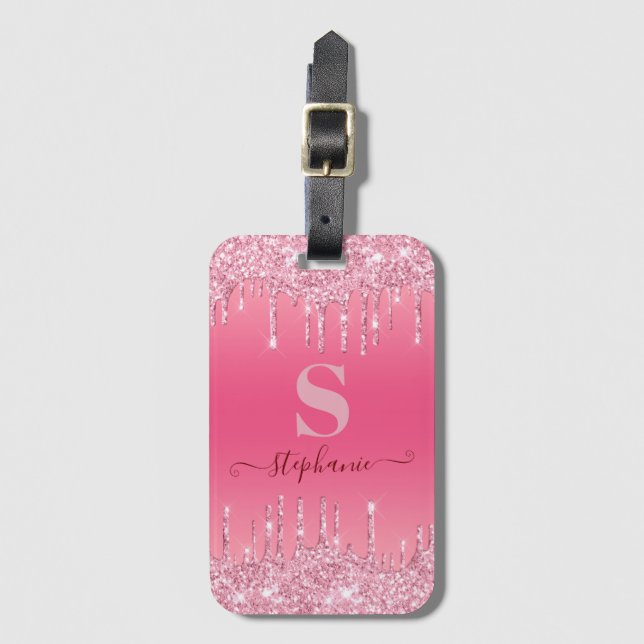 Girly Rosa Gnistra Glitter Monogram Bagagebricka (Framsida vertikal)
