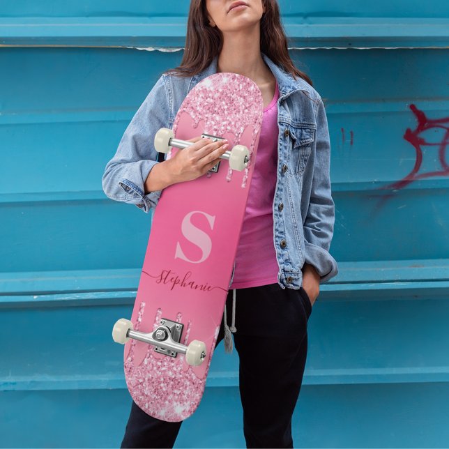 Girly Rosa Gnistra Glitter Monogram Mini Skateboard Bräda 18,5 Cm (Girly Pink Sparkle Glitter Monogram Skateboard)