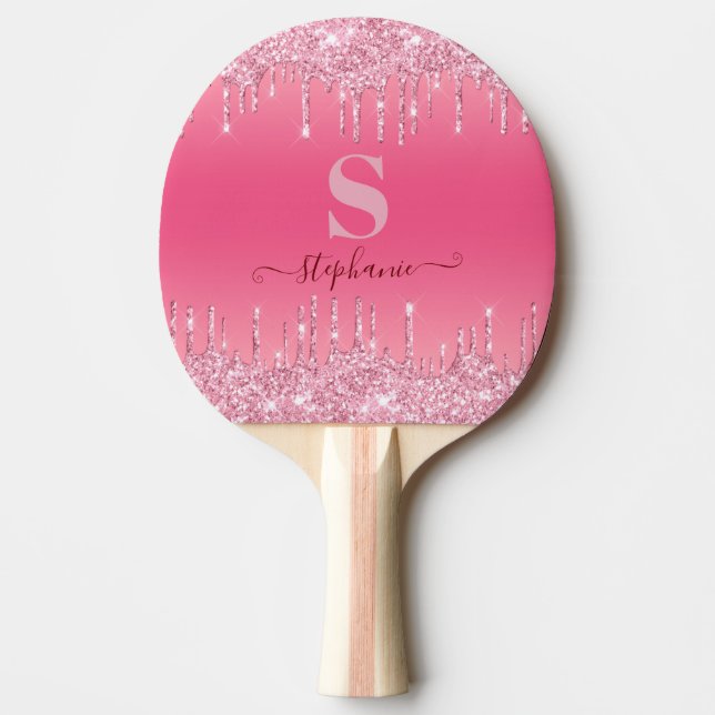 Girly Rosa Gnistra Glitter Monogram Pingisracket (Framsidan)