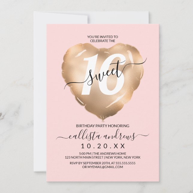 Girly  Rosa Gold Foil Heart Balloon Sweet 16 Inbjudningar (Framsida)
