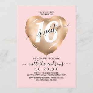 Girly  Rosa Gold Foil Heart Balloon Sweet 16 Inbjudningar