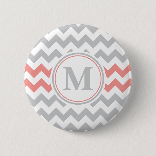 Girly Rosa Grått Chevron Mönster med Monogram Knapp (Framsida)