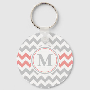 Girly Rosa Grått Chevron Mönster med Monogram Nyckelring
