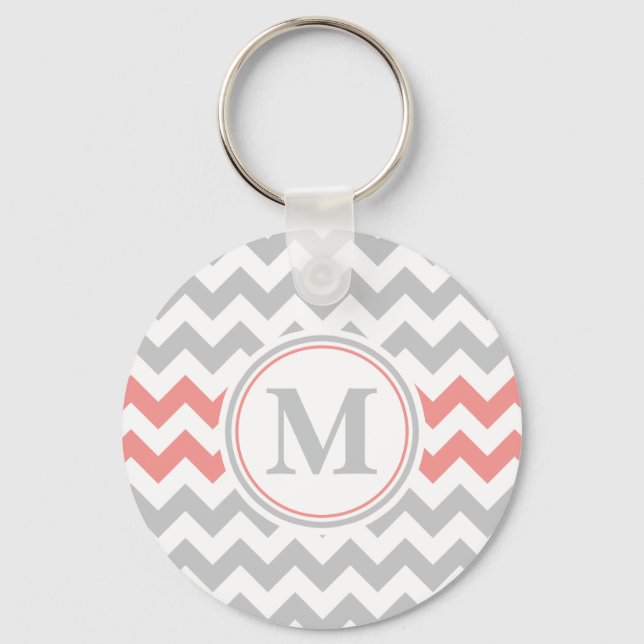 Girly Rosa Grått Chevron Mönster med Monogram Nyckelring (Framsida)