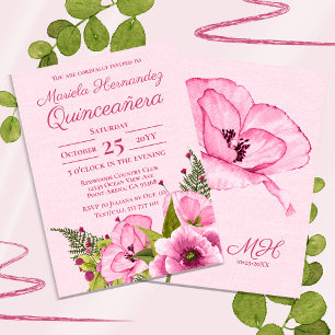 Girly Rosa Grönt Watercolor Blommigt Quiceañera Inbjudningar