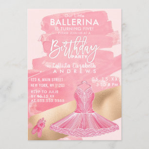 Girly Rosa Guld Ballerina Brushstrokes Födelsedag Inbjudningar