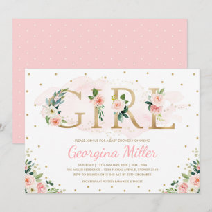 Girly Rosa Guld Blommigt Flicka Shower Inbjudningar