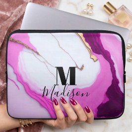Girly rosa guld droppar vit marble monogram laptop fodral