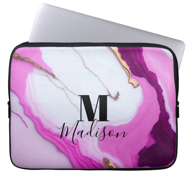 Girly rosa guld droppar vit marble monogram laptop fodral (Framsidan)