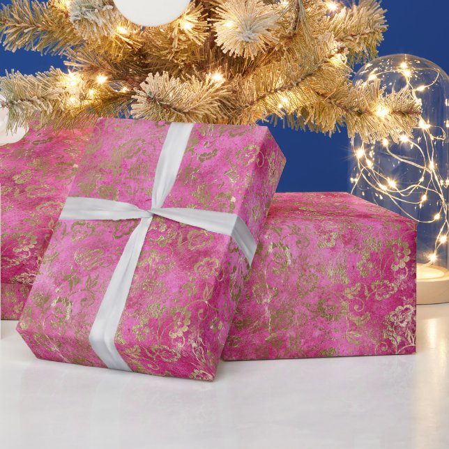 Girly Rosa Guld Glam Blommigt Presentpapper (Helgdagar)