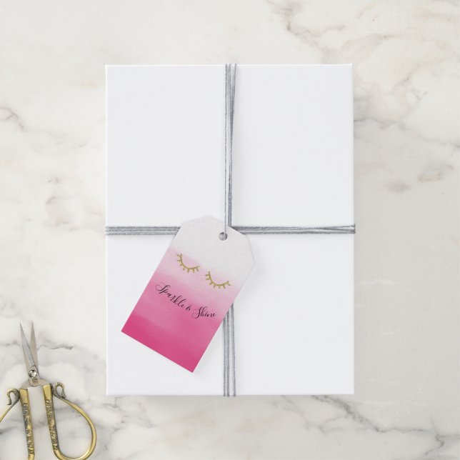 Girly Rosa Guld Glitter Eyelash Birthday Presentetikett (Med Snöre)