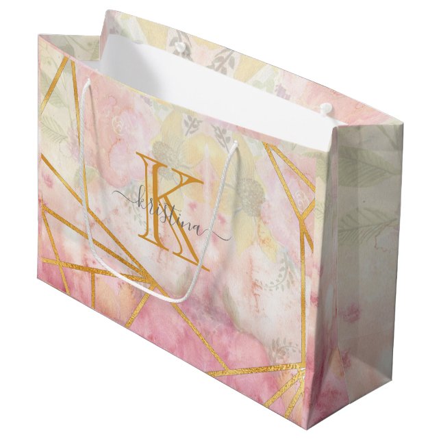 Girly Rosa Guld Glitter Gnistra Monogram Blommigt (Framsidan Vinklad)