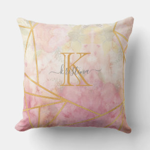 Girly Rosa Guld Glitter Gnistra Monogram Blommigt Kudde