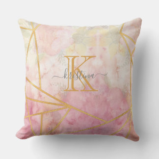 Girly Rosa Guld Glitter Gnistra Monogram Blommigt Kudde