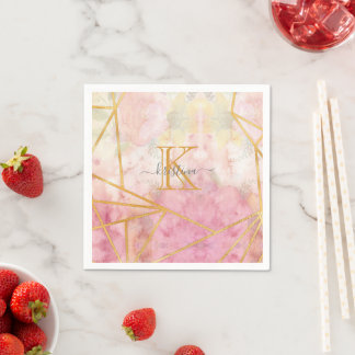 Girly Rosa Guld Glitter Gnistra Monogram Blommigt Pappersservett