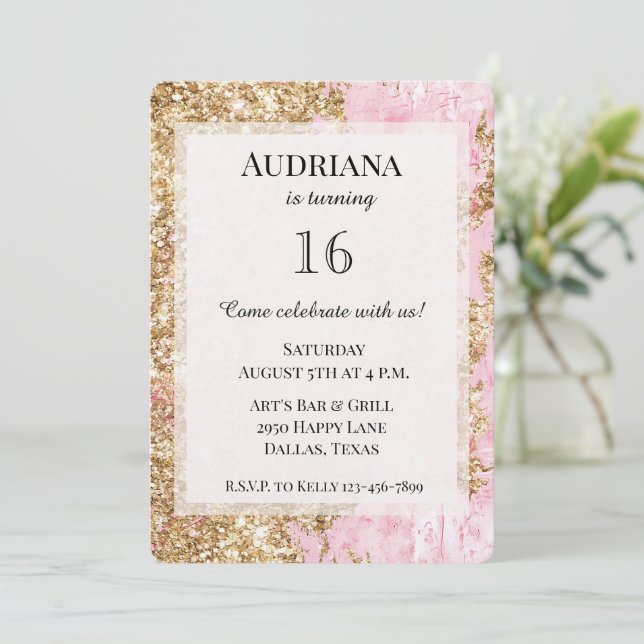 Girly Rosa Guld Glitter Inbjudningar (Stående Fram)