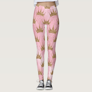 Girly Rosa Guld Glitter Krona Sparkly Leggings