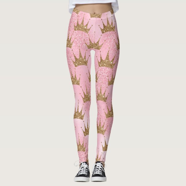Girly Rosa Guld Glitter Krona Sparkly Leggings (Framsida)