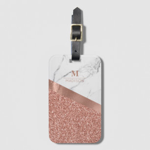 Girly Rosa Guld Glitter   Marmor Monogram Bagagebricka