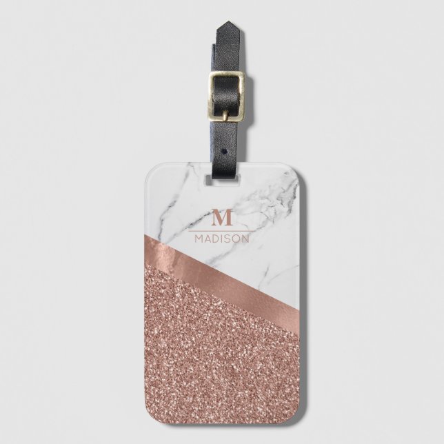 Girly Rosa Guld Glitter | Marmor Monogram Bagagebricka (Framsida vertikal)