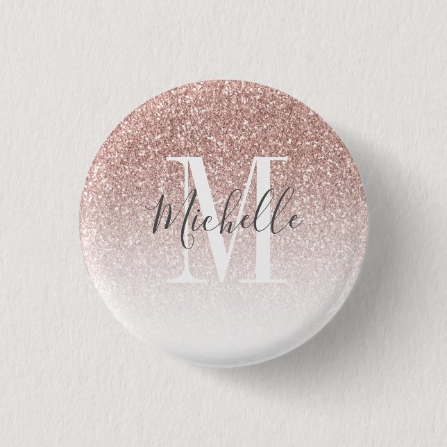 Girly Rosa Guld Glitter Monogram Namn Rosé Knapp (Framsida)