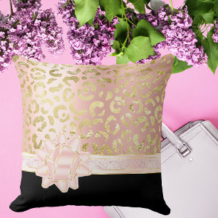 Girly Rosa Guld Leopard Black Blek Rosa Bow Ribbon Kudde