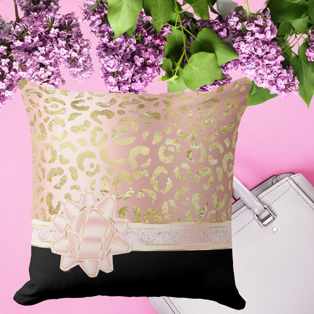 Girly Rosa Guld Leopard Black Blek Rosa Bow Ribbon Kudde (Skapare uppladdad)