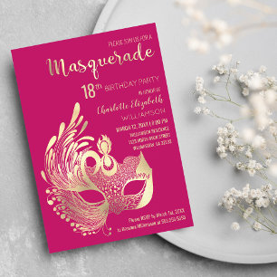 Girly Rosa Guld Masquerad 18:e Födelsedagsfesten Magnetisk Inbjudningskort