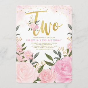 Girly Rosa Guld Ro Grey 2:a födelsedagen Inbjudningar