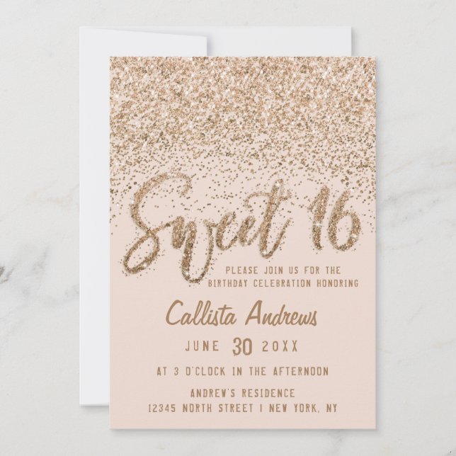 Girly Rosa Guld Scattered Glitter Ombre Sweet 16 Inbjudningar (Framsida)