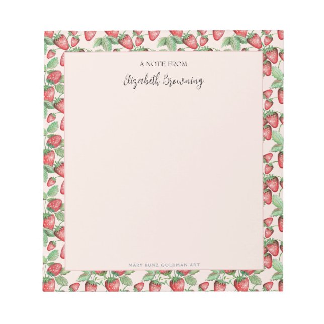 Girly Rosa Hand-Illustrated Elegant Strawberry Anteckningsblock (Framsida)