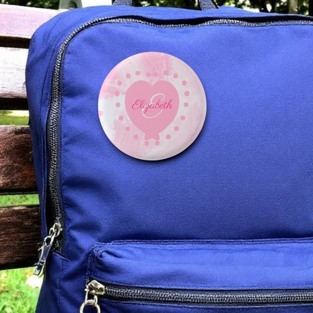 Girly Rosa Heart Chic Monogram Initial Brev Knapp (Button on a backpack.)