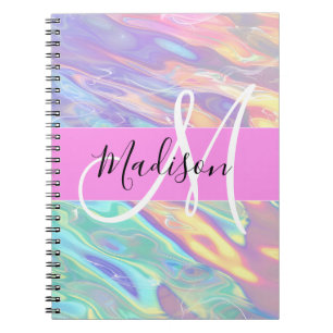 Girly Rosa Holografik Iridescent Monogram Namn Anteckningsbok