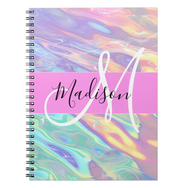 Girly Rosa Holografik Iridescent Monogram Namn Anteckningsbok (Framsidan)