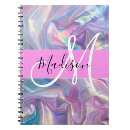 Girly Rosa Holografik Iridescent Monogram Namn Anteckningsbok
