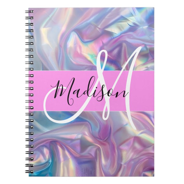 Girly Rosa Holografik Iridescent Monogram Namn Anteckningsbok (Framsidan)